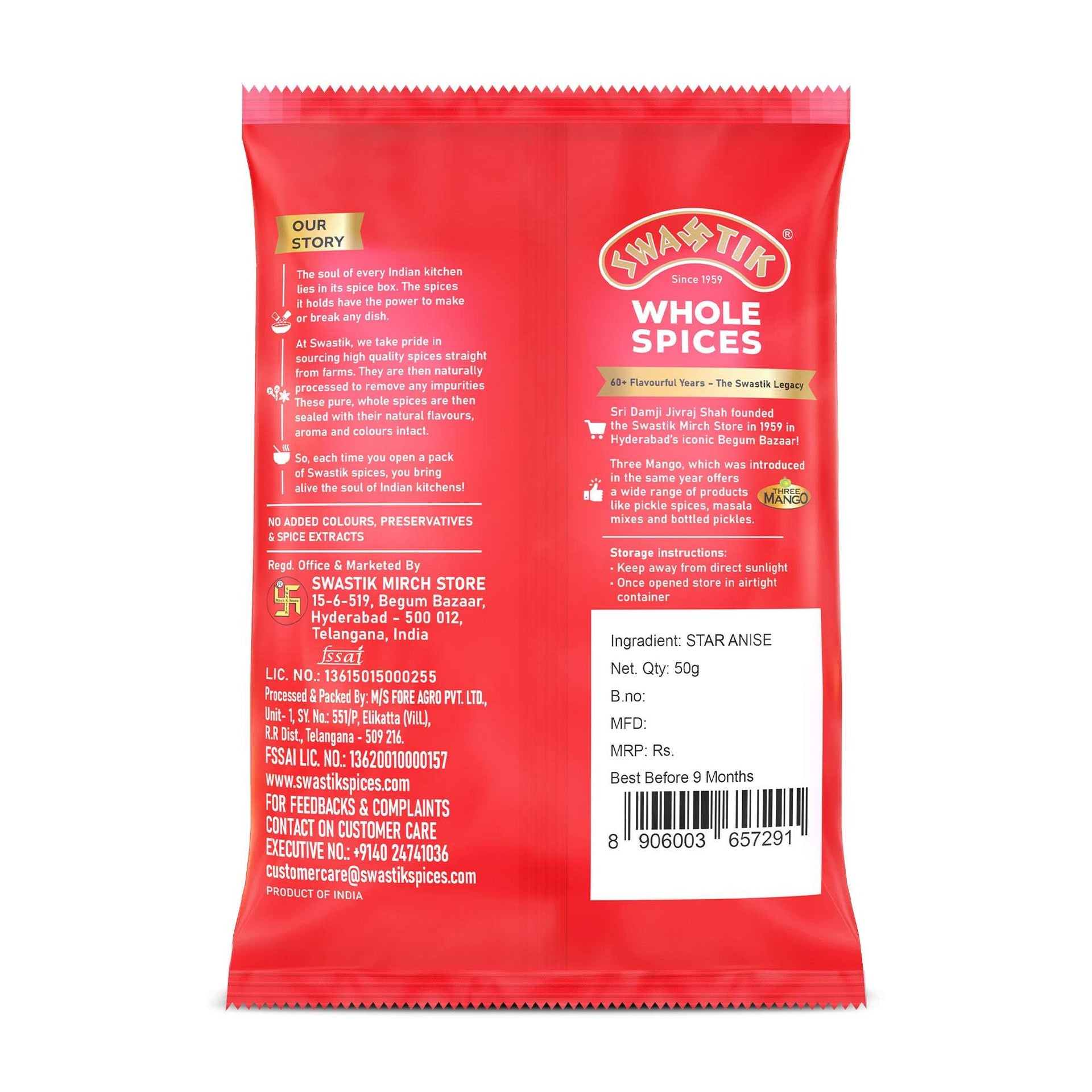 Back side of Swastik Star Anise (Chakri Phool) pack showing brand story, ingredients, storage instructions, manufacturer details, and barcode.