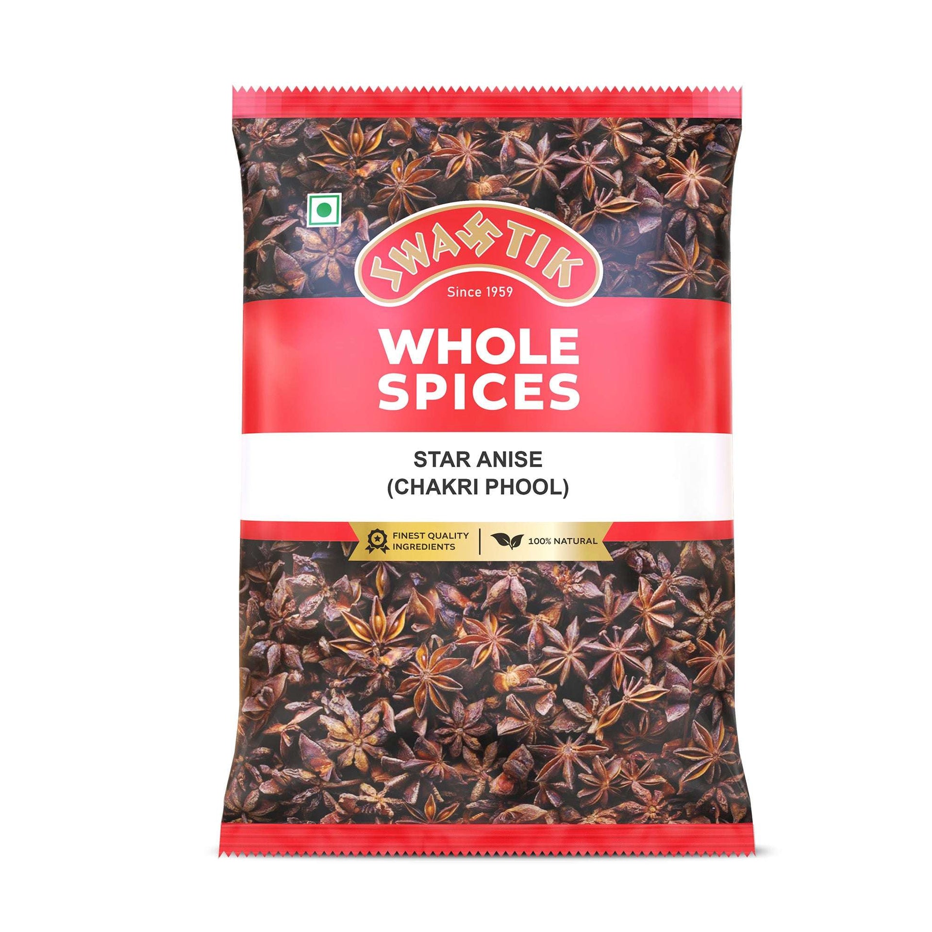 Swastik Whole Spices pack of Star Anise (Chakri Phool) with red and white packaging, showing aromatic whole star anise pods, labeled 100% natural and finest quality.