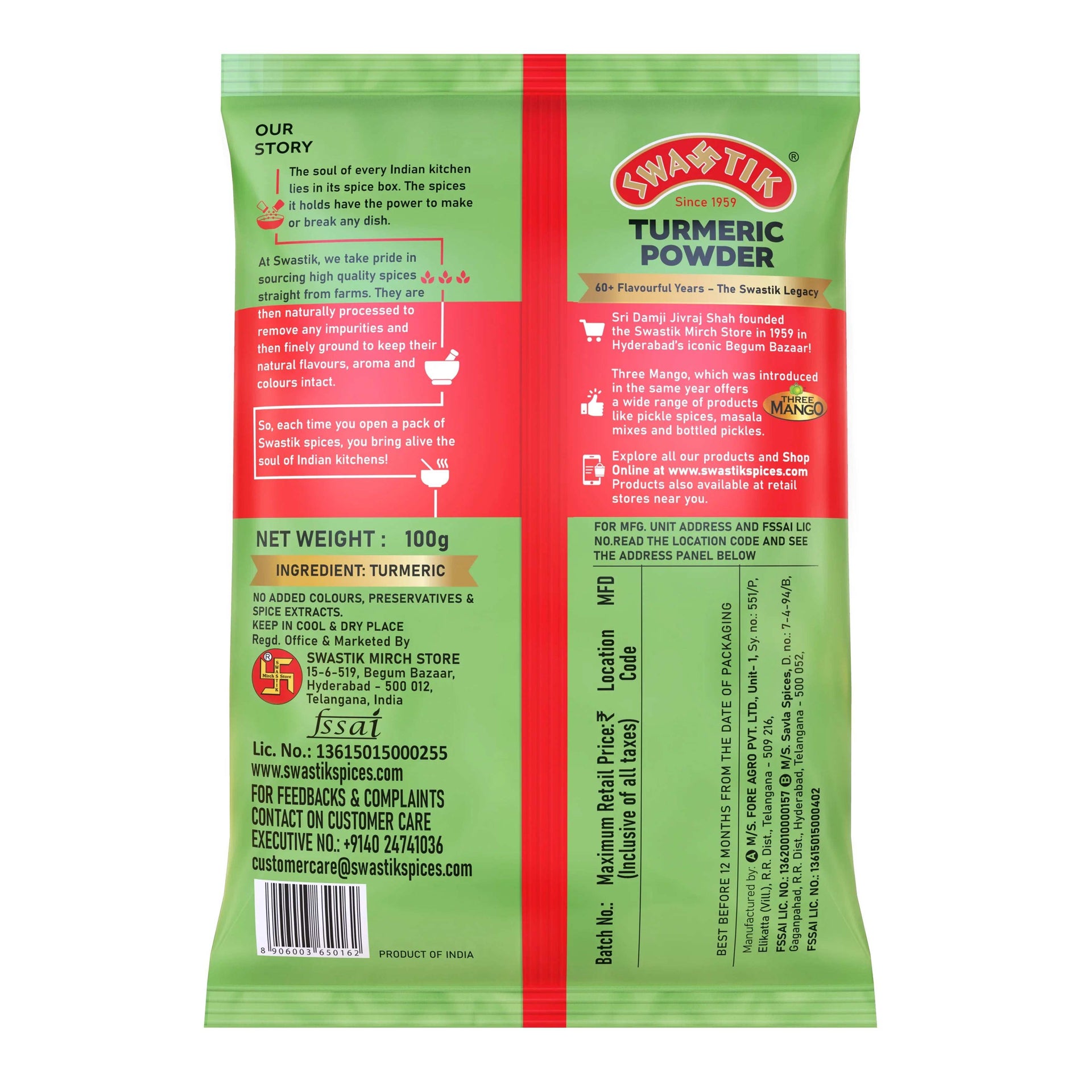 Back side of Swastik Turmeric Powder 100g pack featuring product story, manufacturing details, storage instructions, ingredients, and FSSAI information.