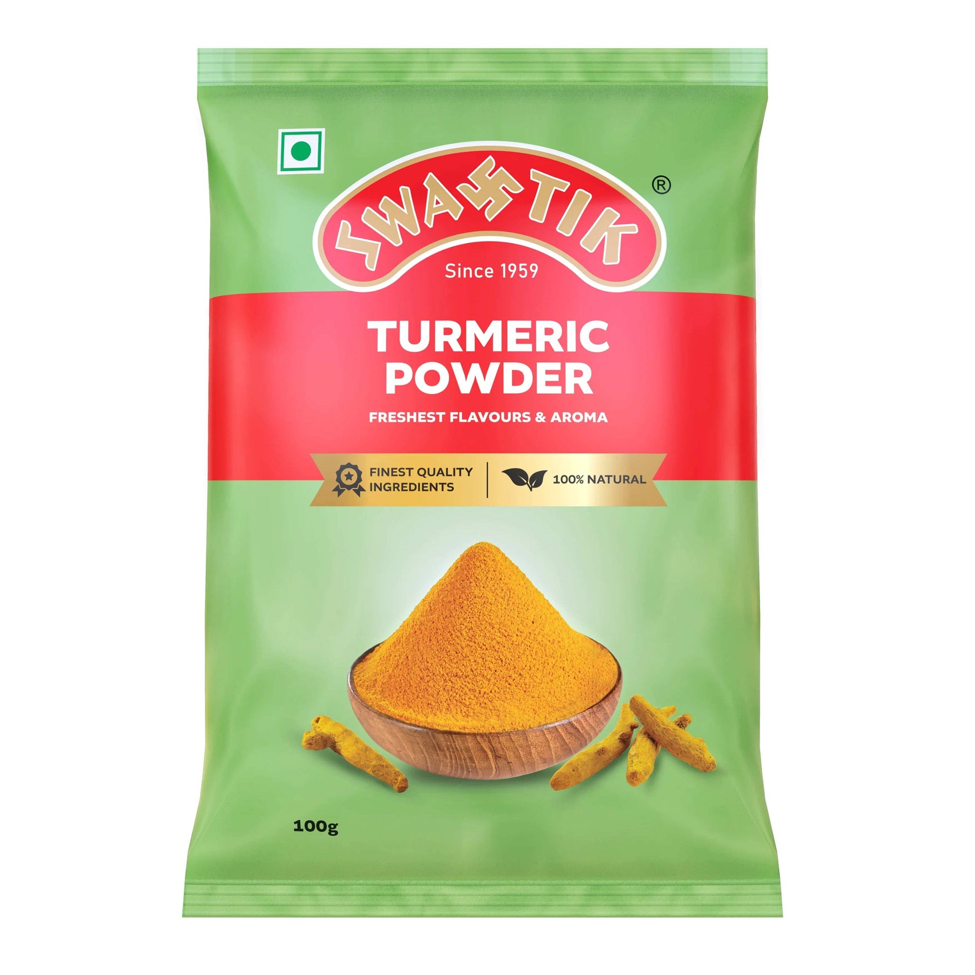 Swastik Turmeric Powder 100g pack with green and red packaging, showing a wooden bowl filled with bright yellow turmeric powder and roots, labeled 100% natural and finest quality.