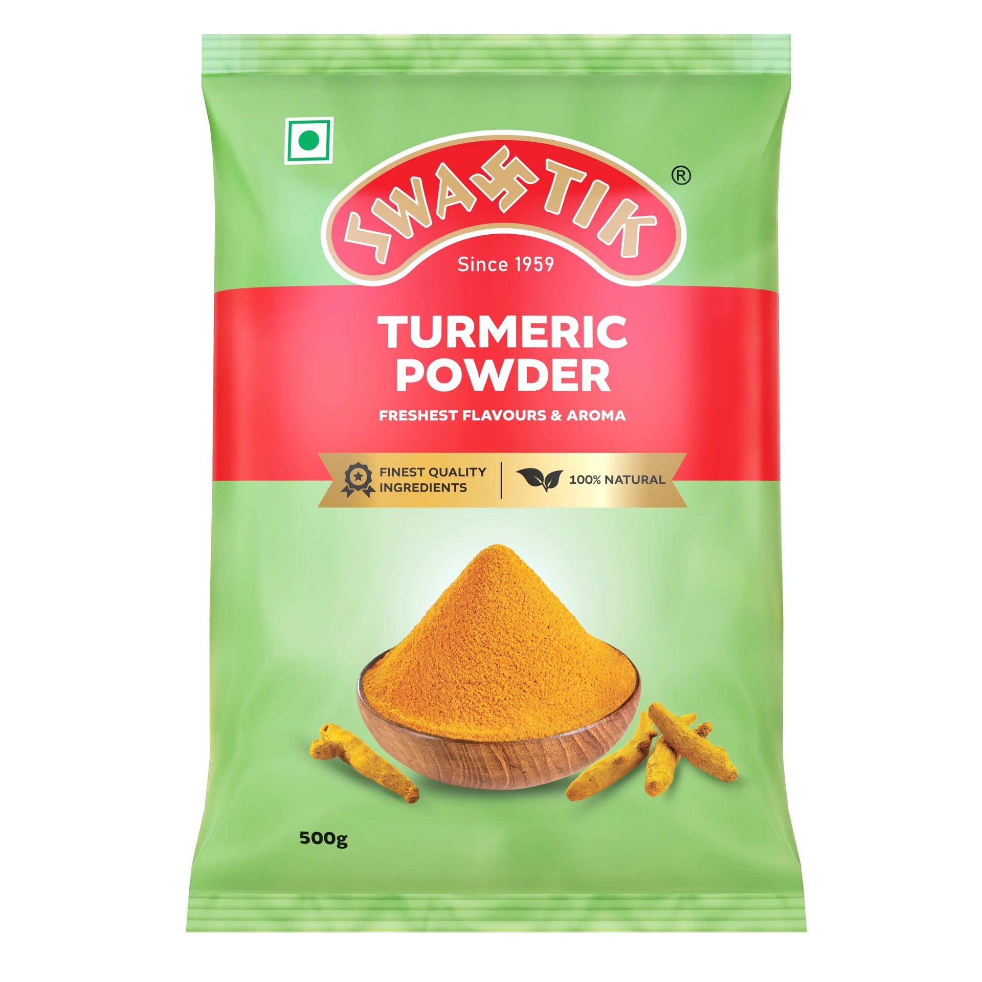 Swastik Turmeric Powder 500g pack with green and red packaging, showing a wooden bowl filled with bright yellow turmeric powder and roots, labeled 100% natural and finest quality.