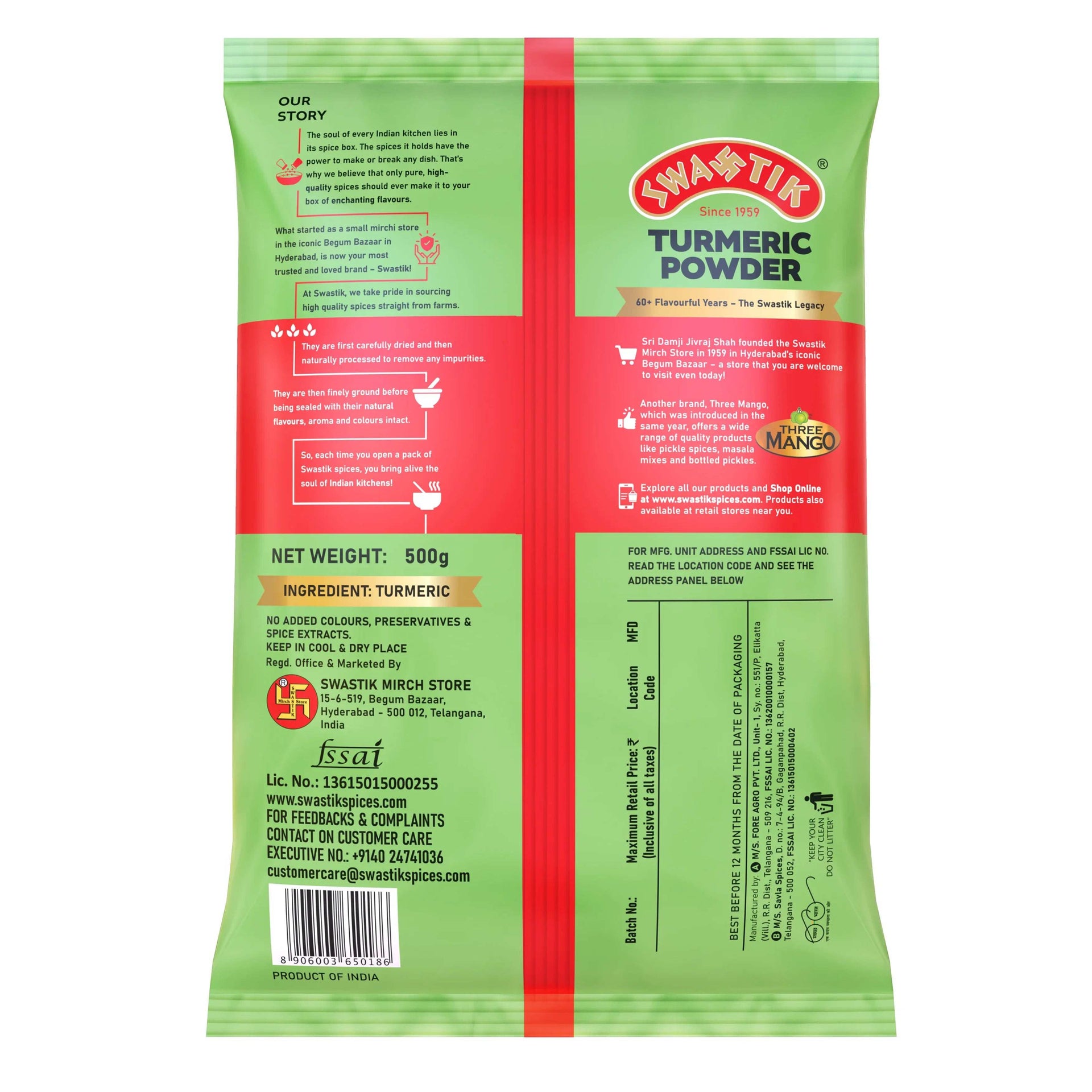 Swastik Turmeric Powder 500 grams pack with green and red packaging, showing a wooden bowl filled with bright yellow turmeric powder and roots, labeled 100% natural and finest quality.