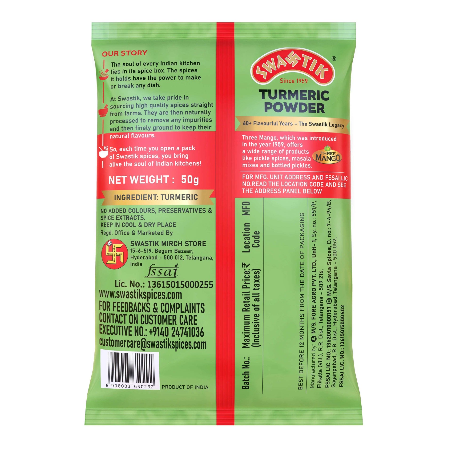 Back side of Swastik Turmeric Powder 50g pack featuring product story, manufacturing details, storage instructions, ingredients, and FSSAI information.
