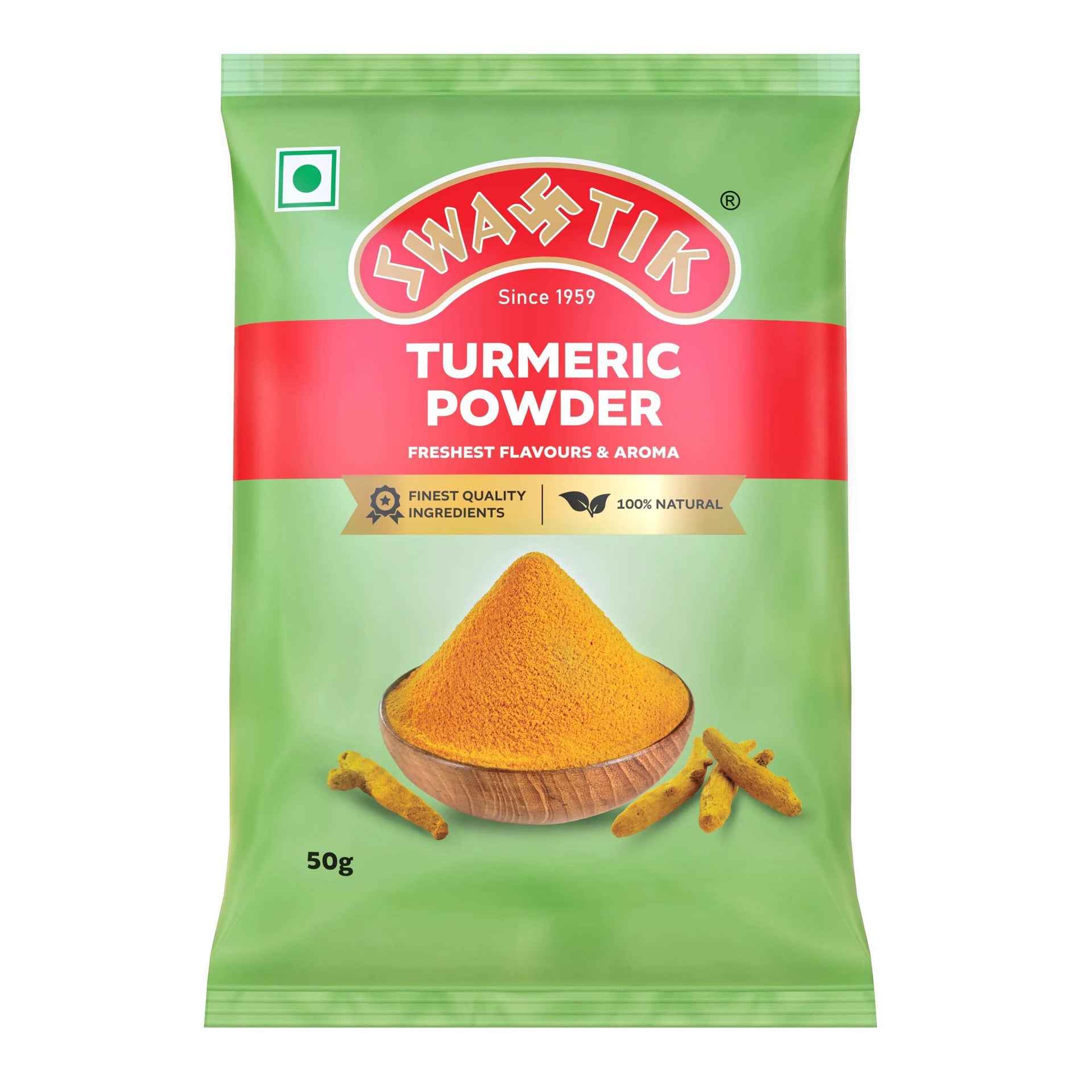 Swastik Turmeric Powder 50g pack with green and red packaging, showing a wooden bowl filled with bright yellow turmeric powder and roots, labeled 100% natural and finest quality.