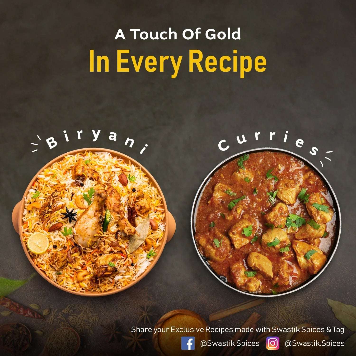 Top-down view of chicken biryani and spicy curry with turmeric roots below, captioned “A Touch of Gold in Every Recipe” to highlight Swastik Turmeric’s vibrant color and flavor.