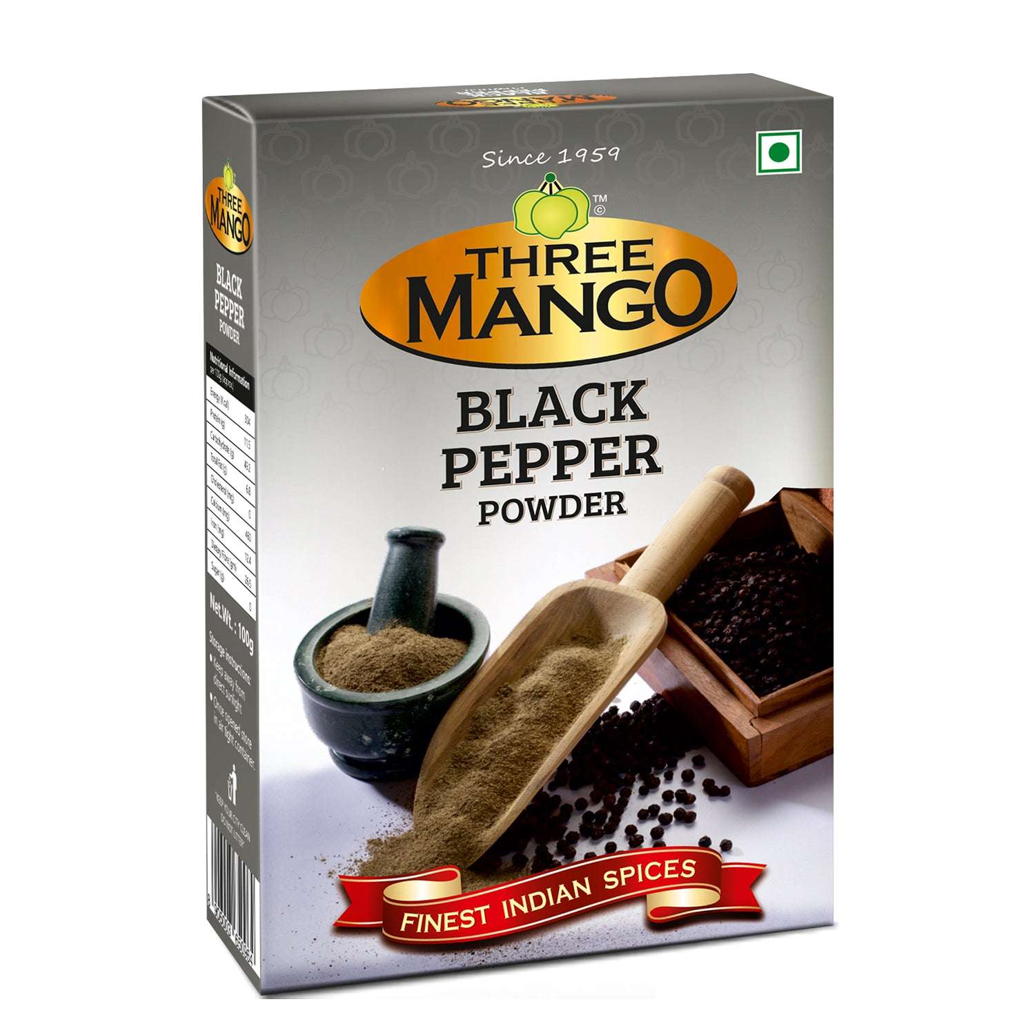 Three Mango Black Pepper Powder 100g box front view showing finely ground pepper in a wooden scoop, traditional mortar, and peppercorns in wooden box – premium Indian spice for flavor and health.