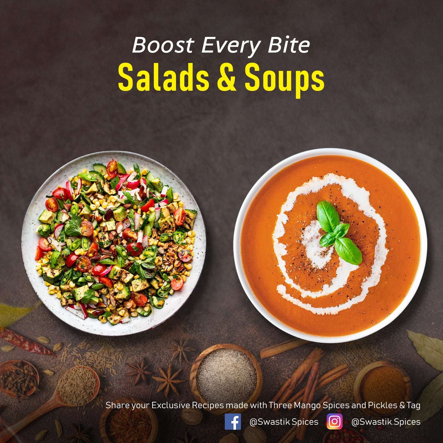Healthy food pairing with Three Mango Black Pepper Powder – vibrant salad with veggies and seeds, and creamy tomato soup garnished with herbs, perfect for seasoning and immunity support.