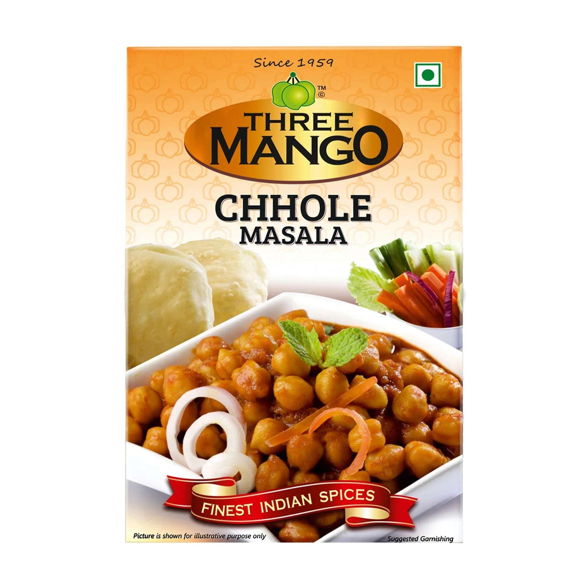 Three Mango Chhole Masala 100g pack with image of spiced chickpeas, puris, and salad, labeled ‘Finest Indian Spices’
