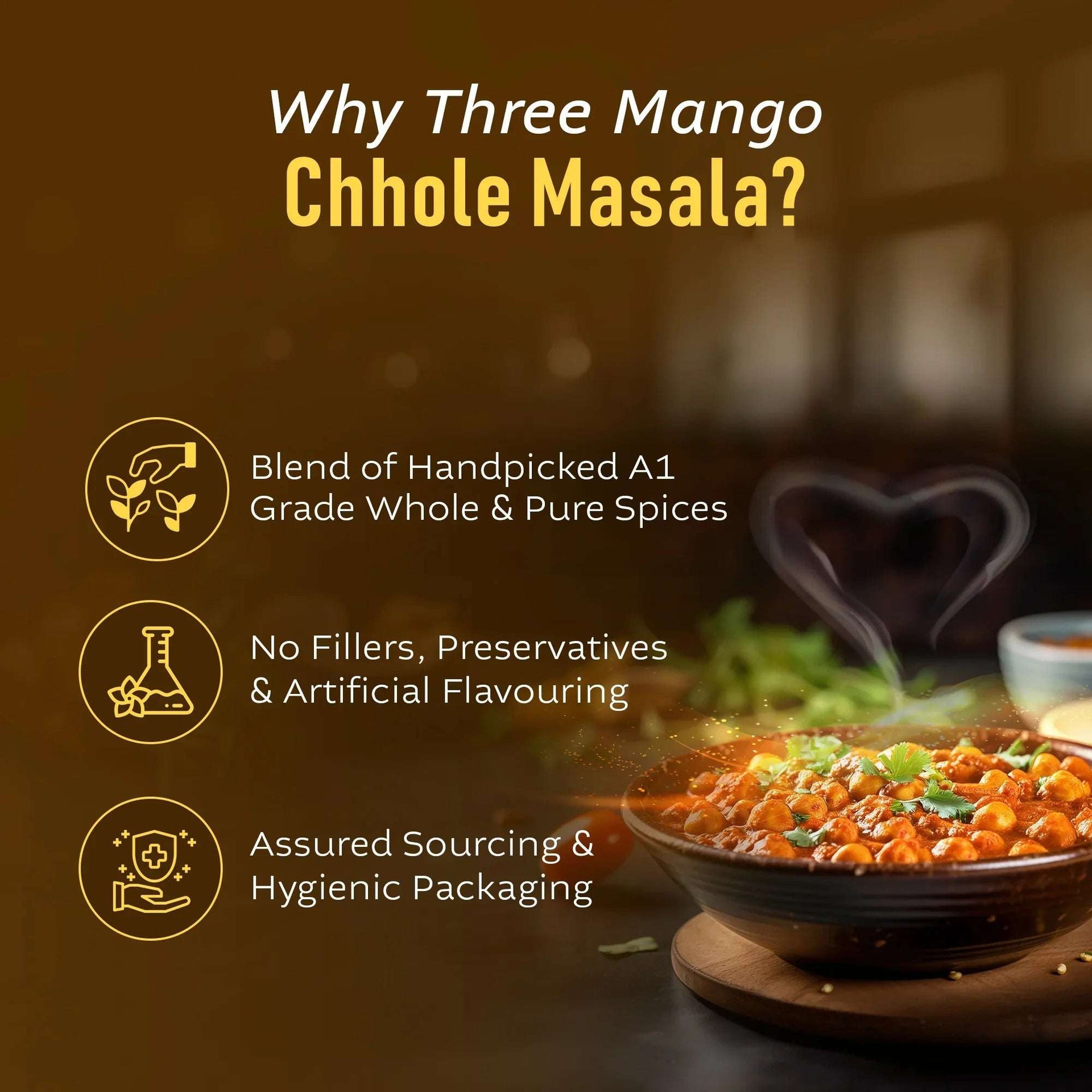 Three Mango Chhole Masala benefits image with a bowl of chhole and text highlighting key features: pure A1 grade spices, no preservatives, and hygienic packaging