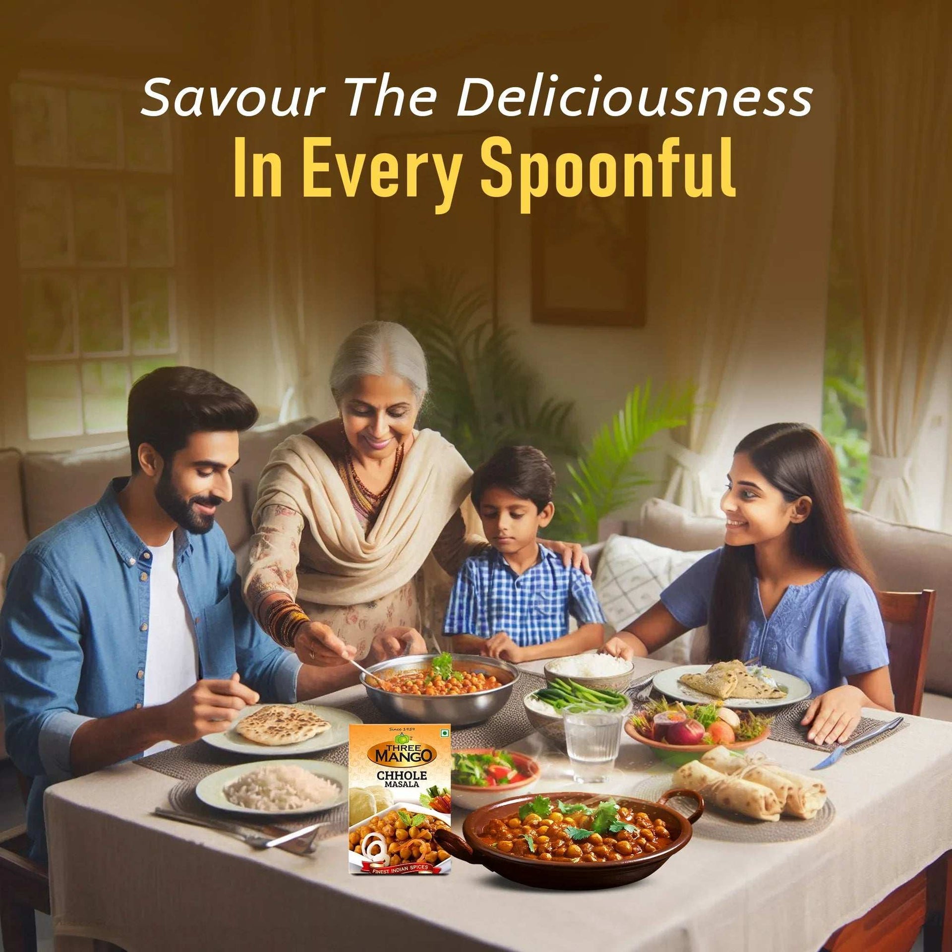 Happy Indian family enjoying a meal with chhole made using Three Mango Chhole Masala, highlighting the tagline ‘Savour the Deliciousness in Every Spoonful’
