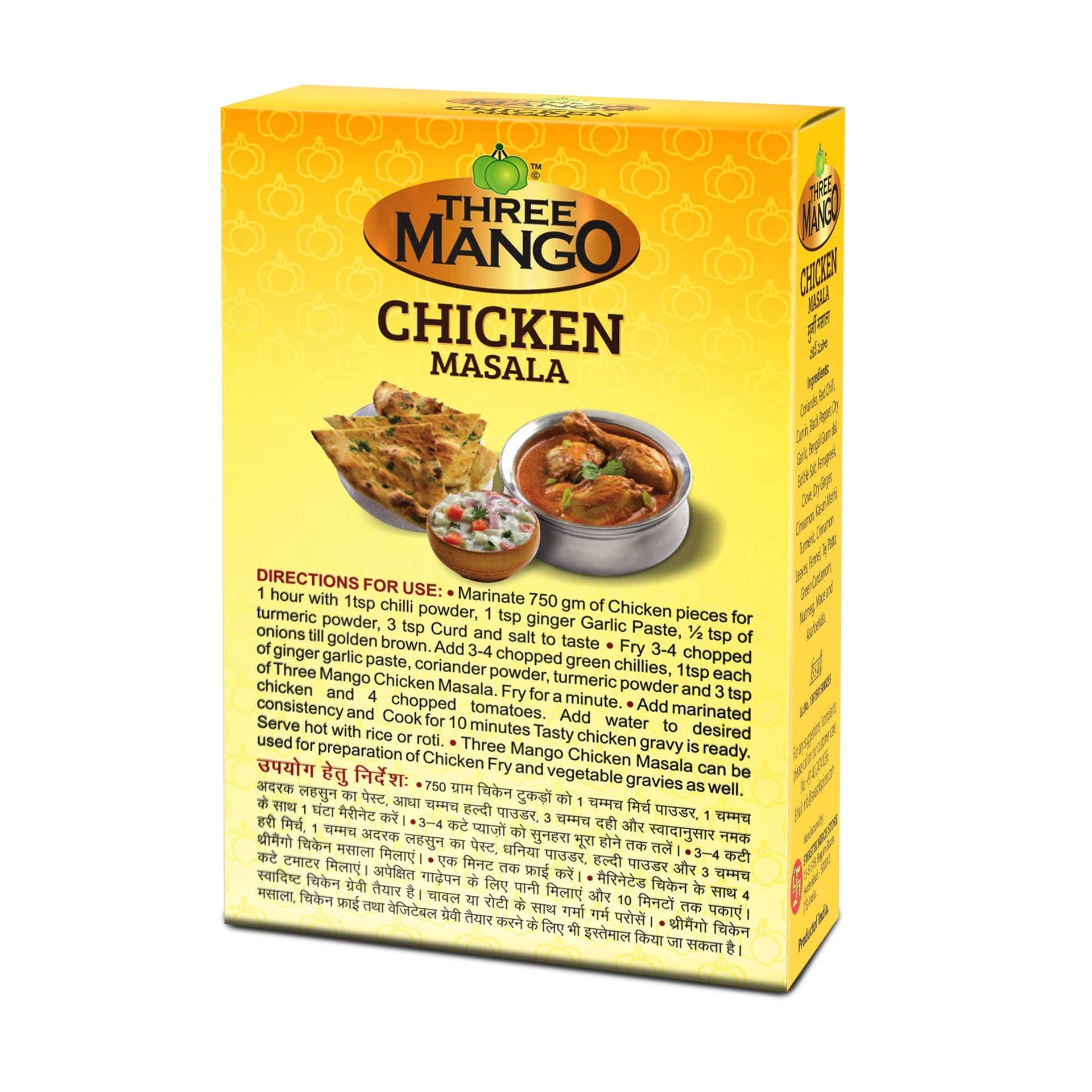 Back view of Three Mango Chicken Masala box with detailed cooking instructions and Hindi translation