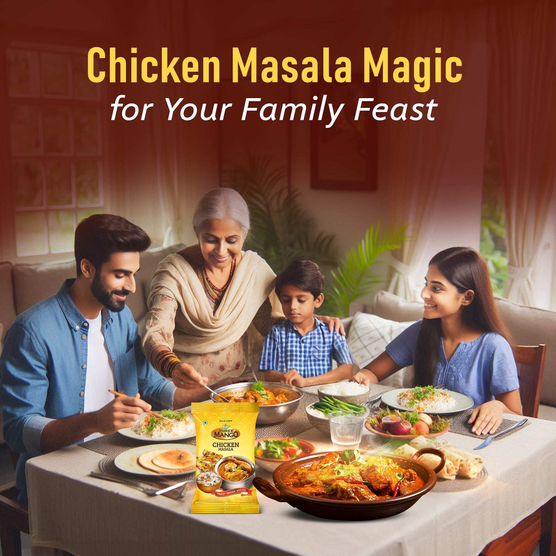 Indian family enjoying dinner together with Three Mango Chicken Masala curry and rice on the table