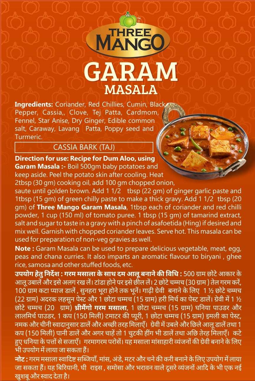 Usage instructions and ingredients list for Three Mango Garam Masala