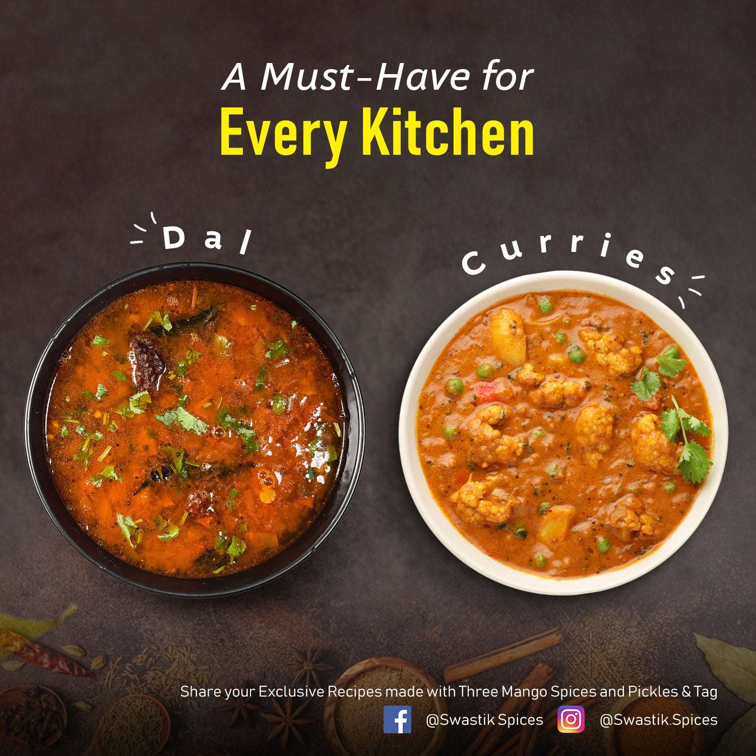 Three Mango Hing Powder featured with bowls of dal and curry to show culinary usage.