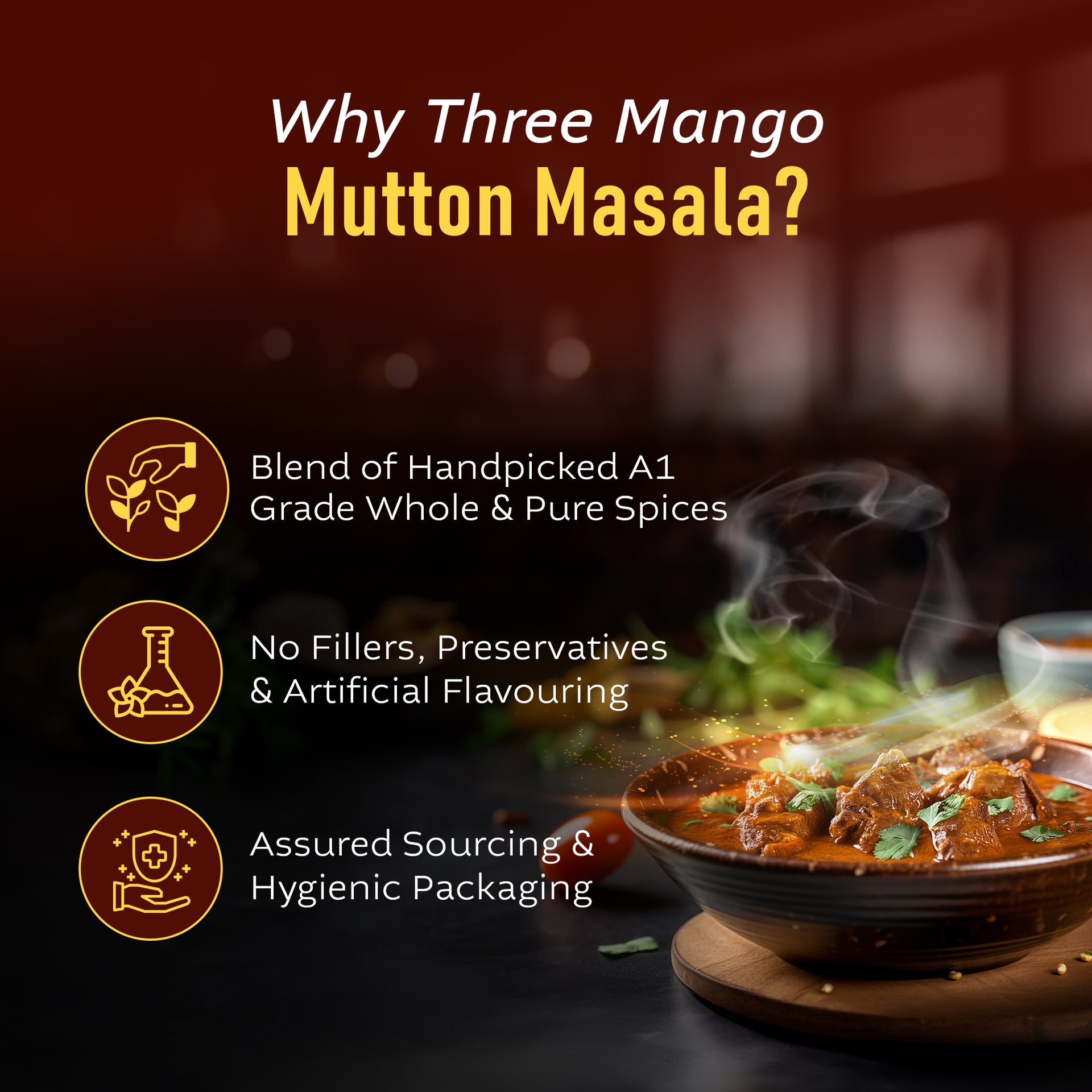 Highlights of Three Mango Mutton Masala – handpicked spices, hygienic packaging, and no artificial flavors.