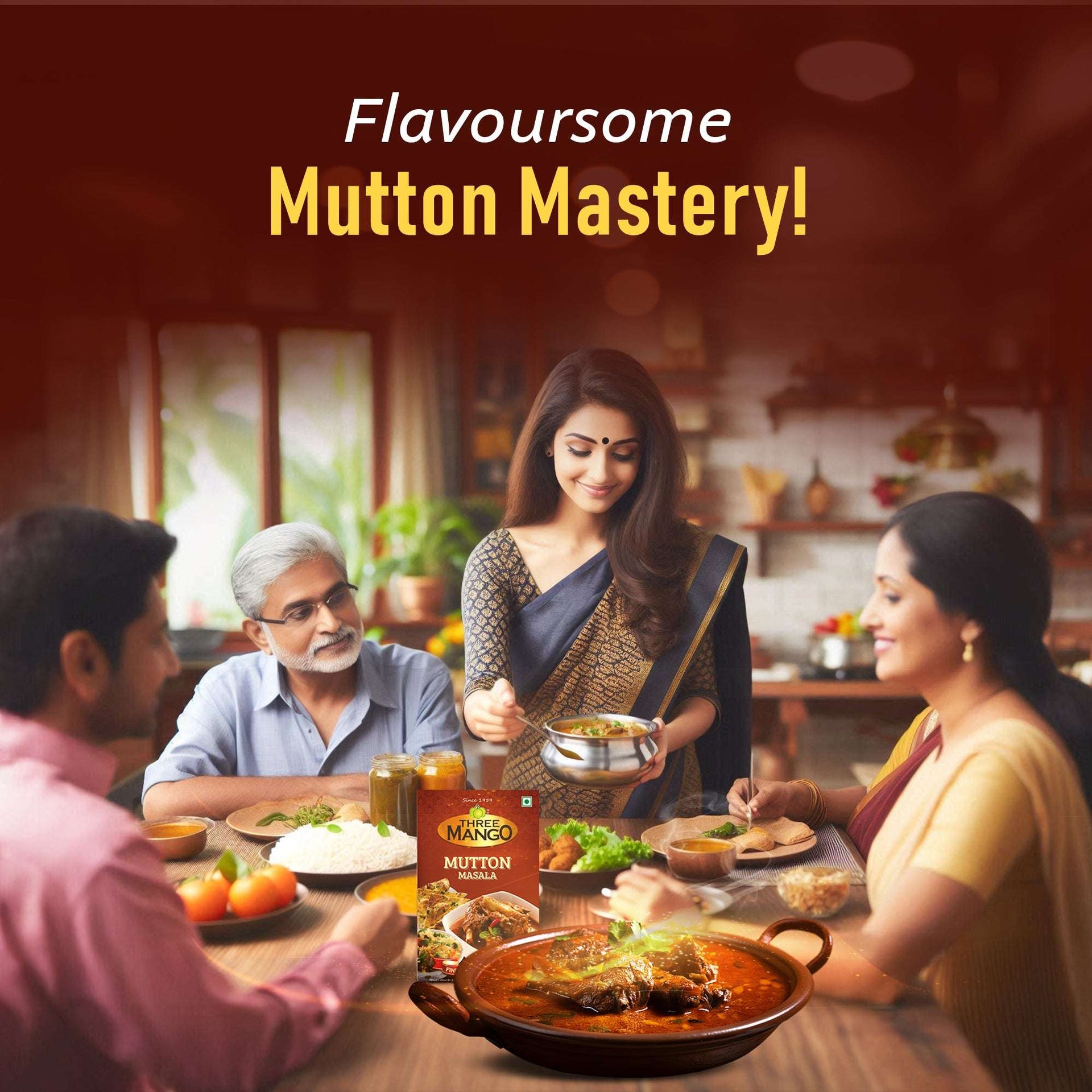 Indian family enjoying a traditional meal made with Three Mango Mutton Masala in a warm homely setting.