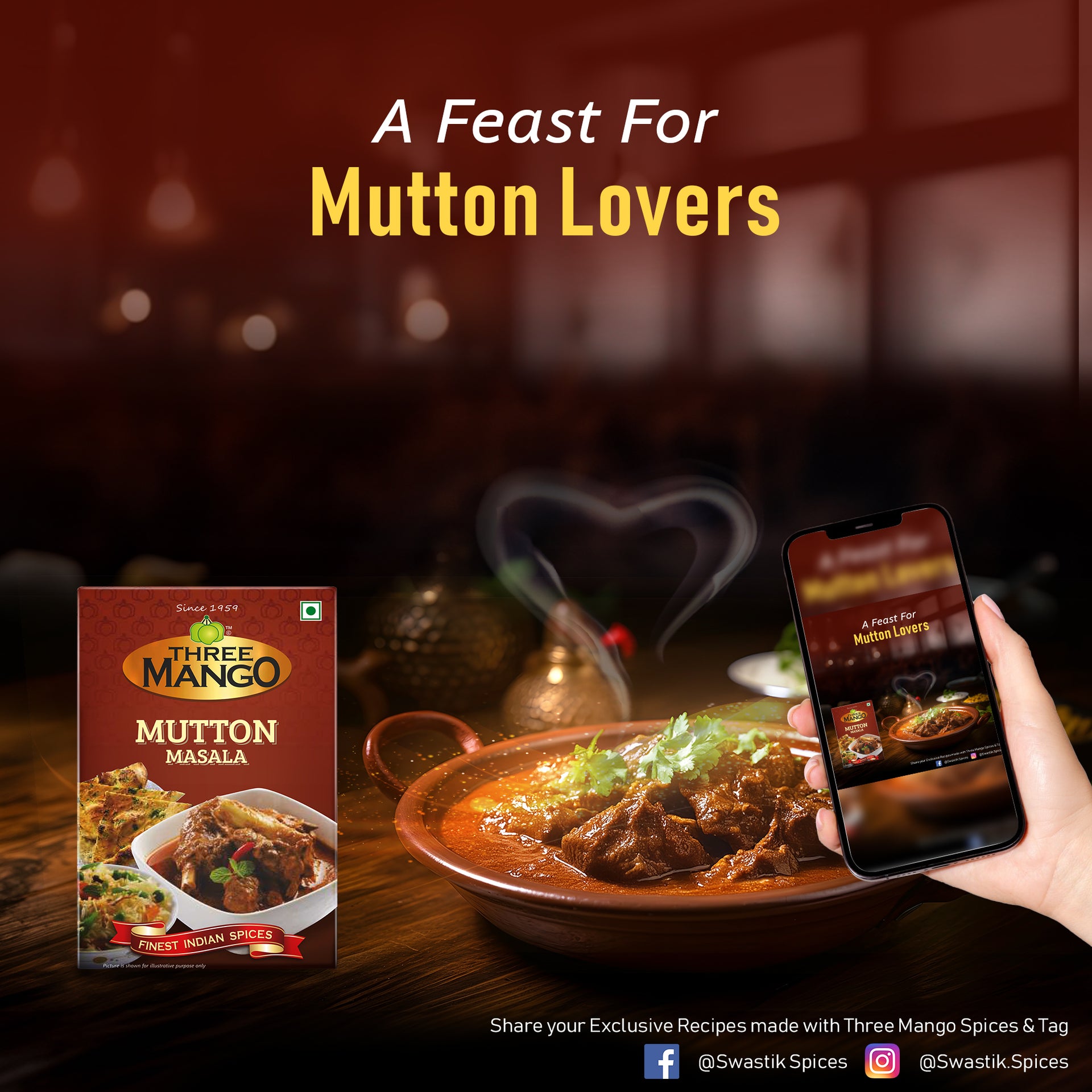  A steaming bowl of mutton curry with phone showing Three Mango Mutton Masala product screen.