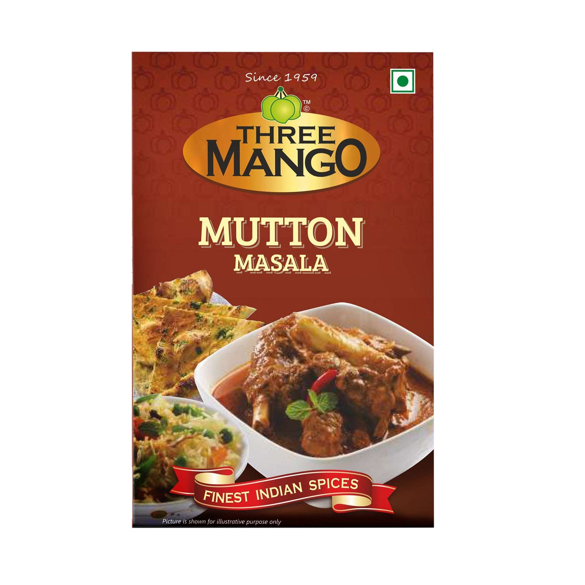 Three Mango Mutton Masala spice pack front view with rich curry, naan, and pulao image.