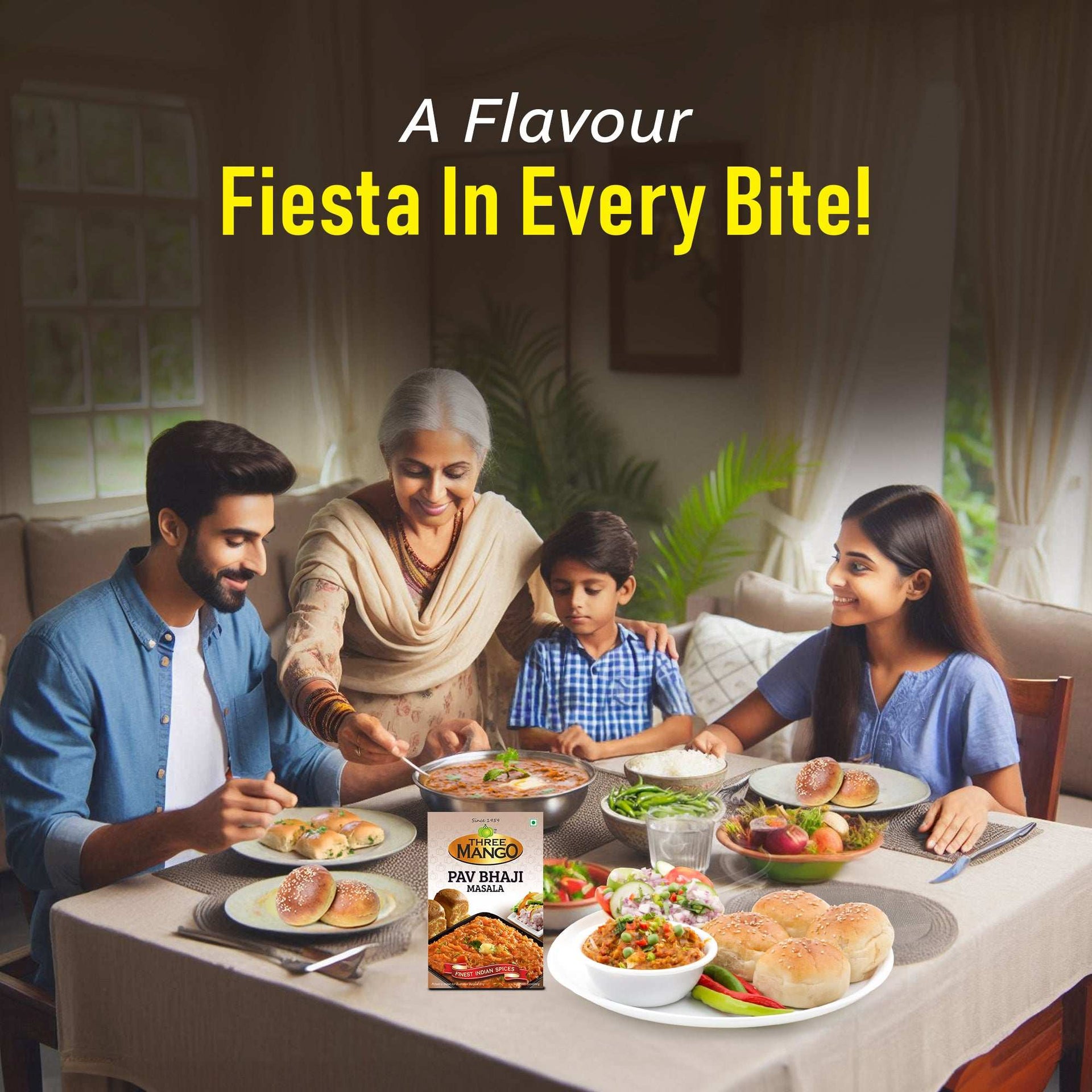 Happy Indian family enjoying a meal with Three Mango Pav Bhaji Masala on the table.