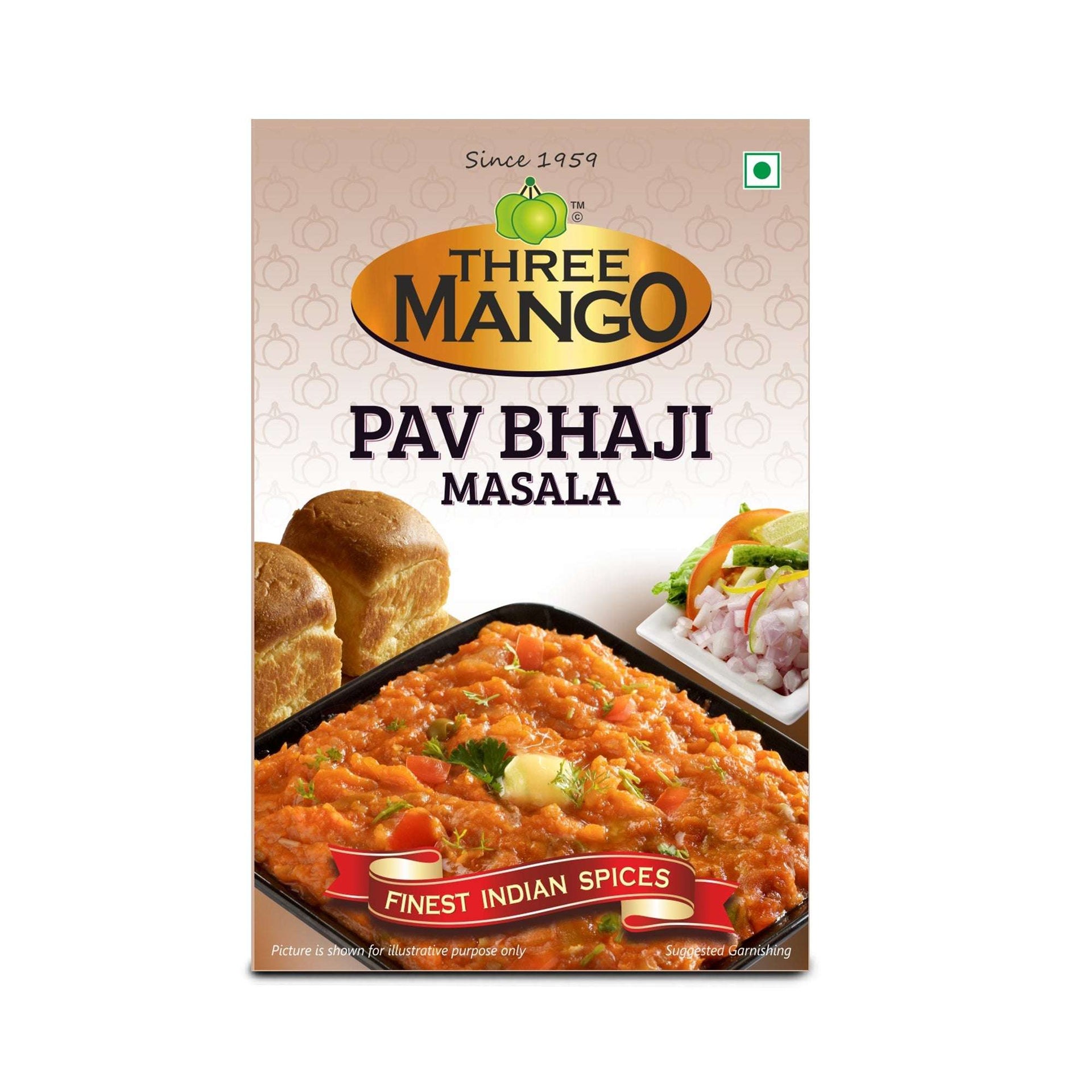 Three Mango Pav Bhaji Masala front view pack with bhaji, pav, and salad on the side.