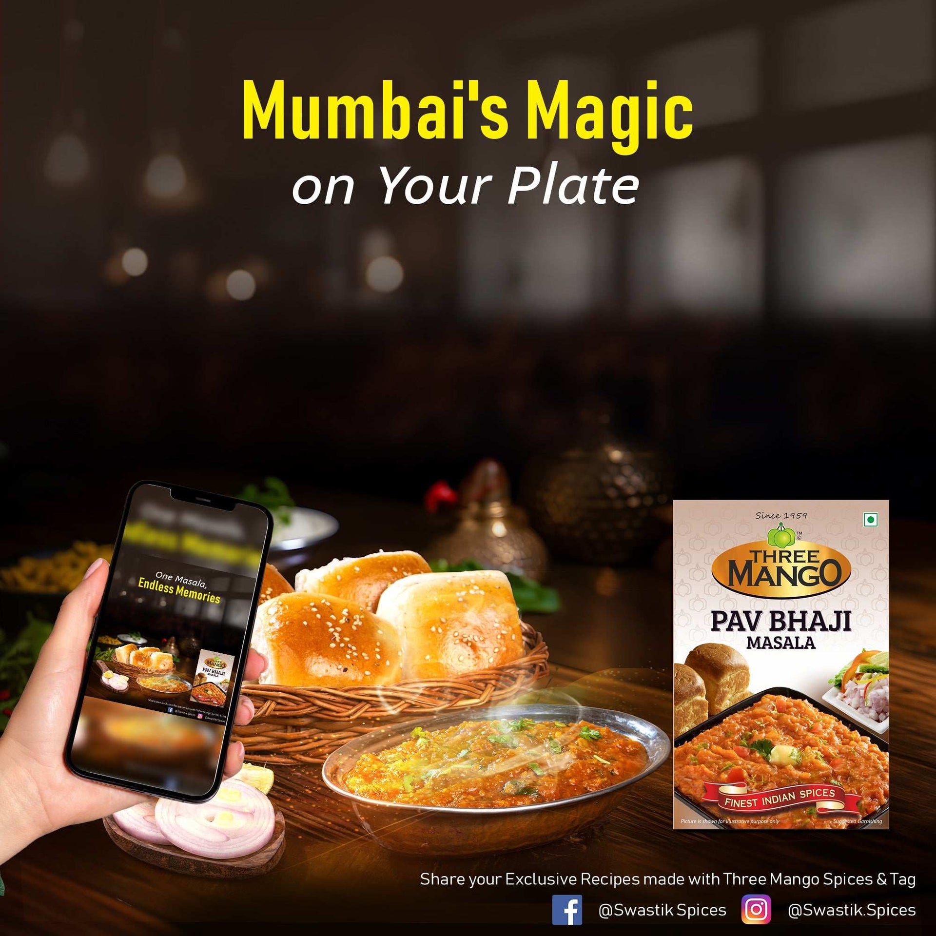 Pav Bhaji served with pav buns and salad, showcasing Three Mango Masala and mobile display.