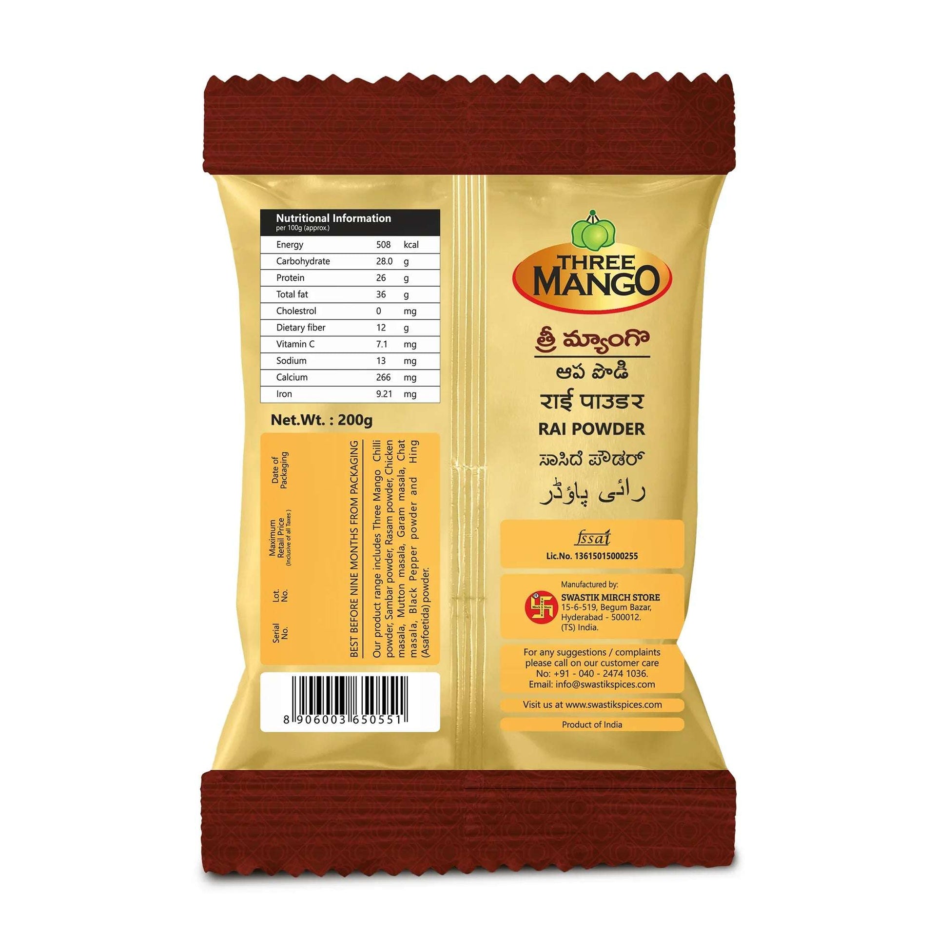 Back view of Three Mango Rai Powder 200g pack showing nutritional information, manufacturing details, and multilingual label