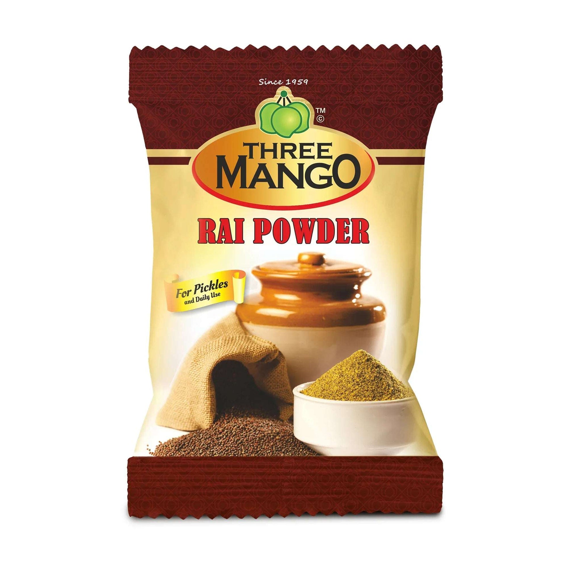 Three Mango Rai Powder pack with mustard seeds, ground rai, and a ceramic pickle jar, labeled for pickles and daily use