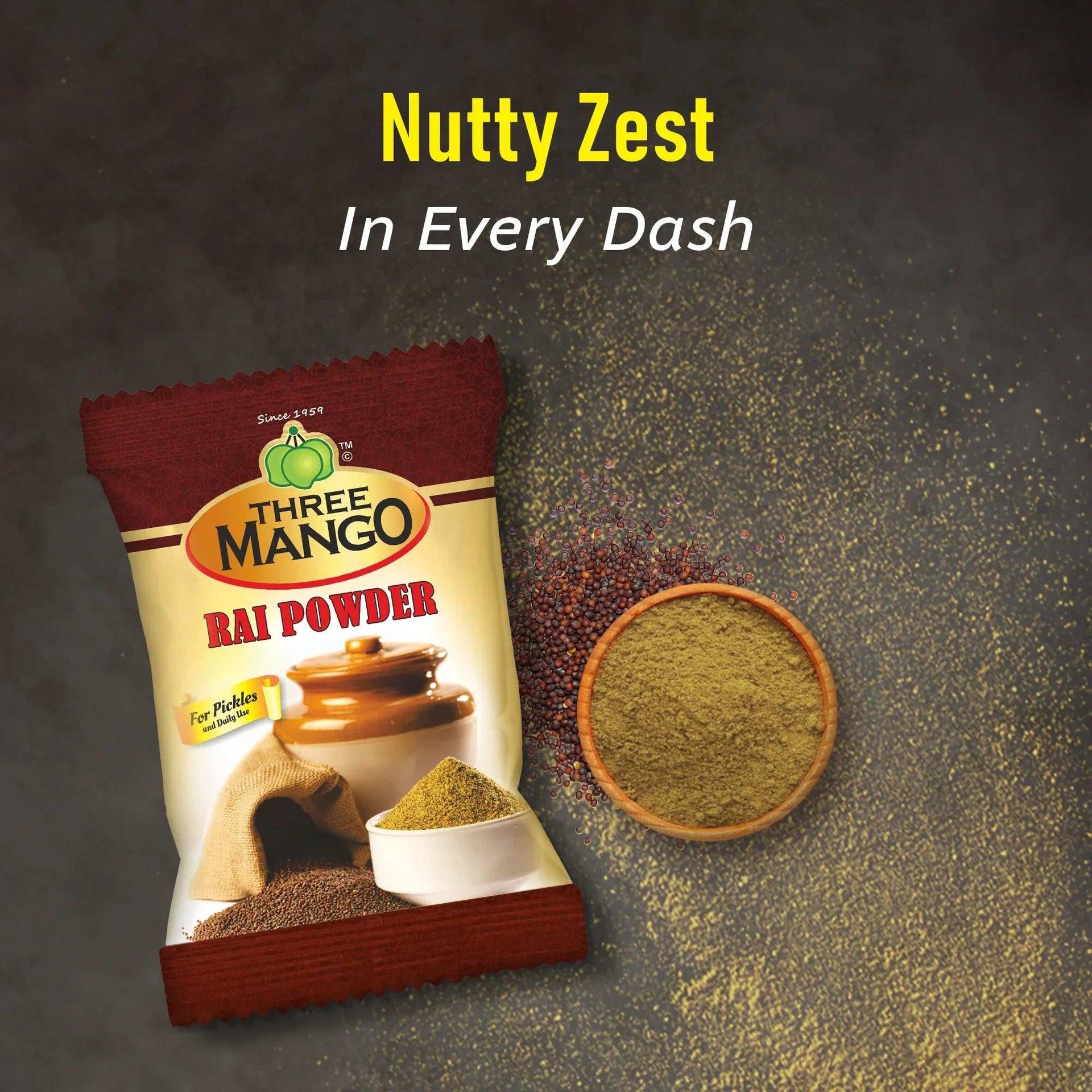 Three Mango Rai Powder pack with spilled ground mustard and tagline ‘Nutty Zest in Every Dash’ featuring whole and powdered rai