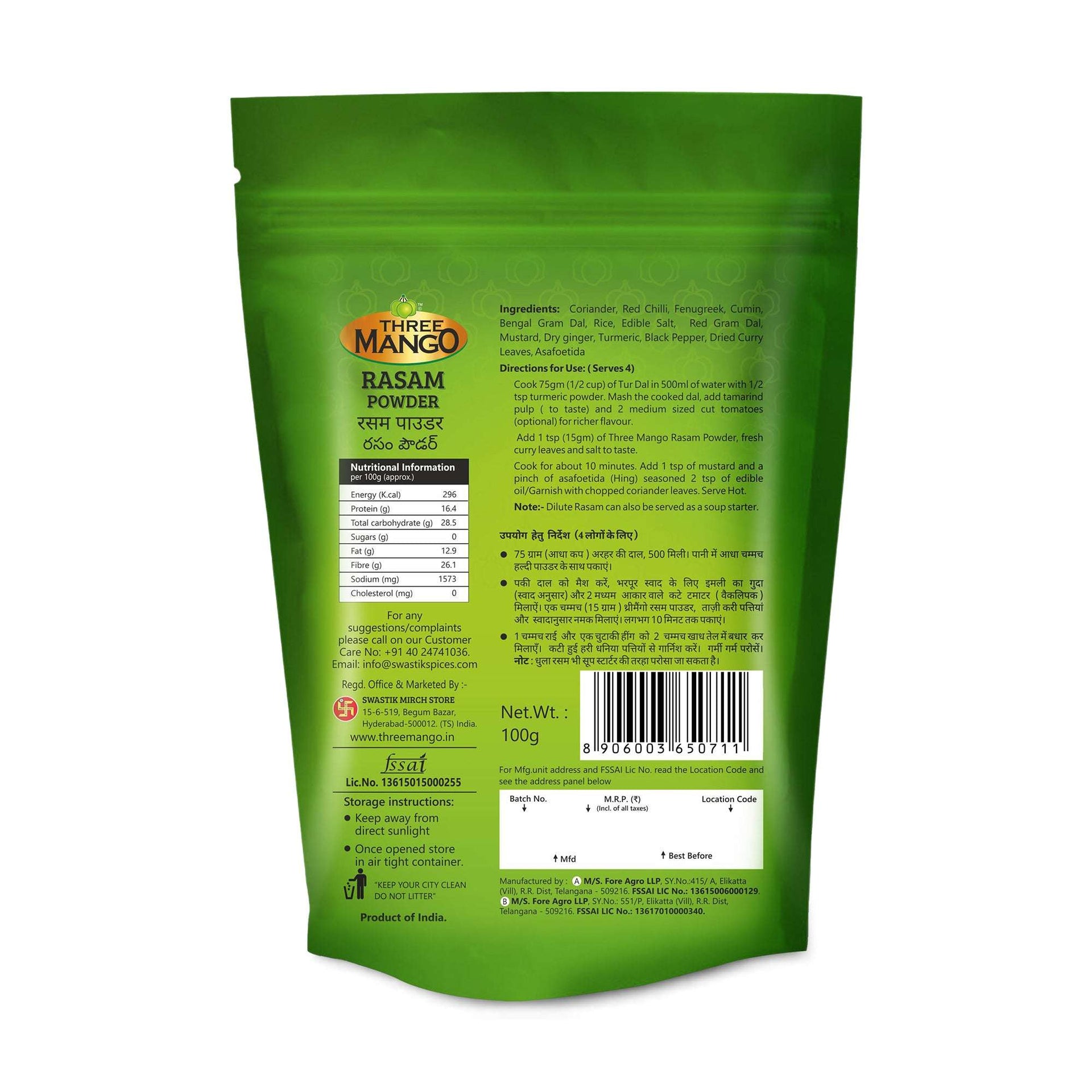 Back view of Three Mango Rasam Powder pack – ingredients list, nutrition facts, usage directions in English and Hindi