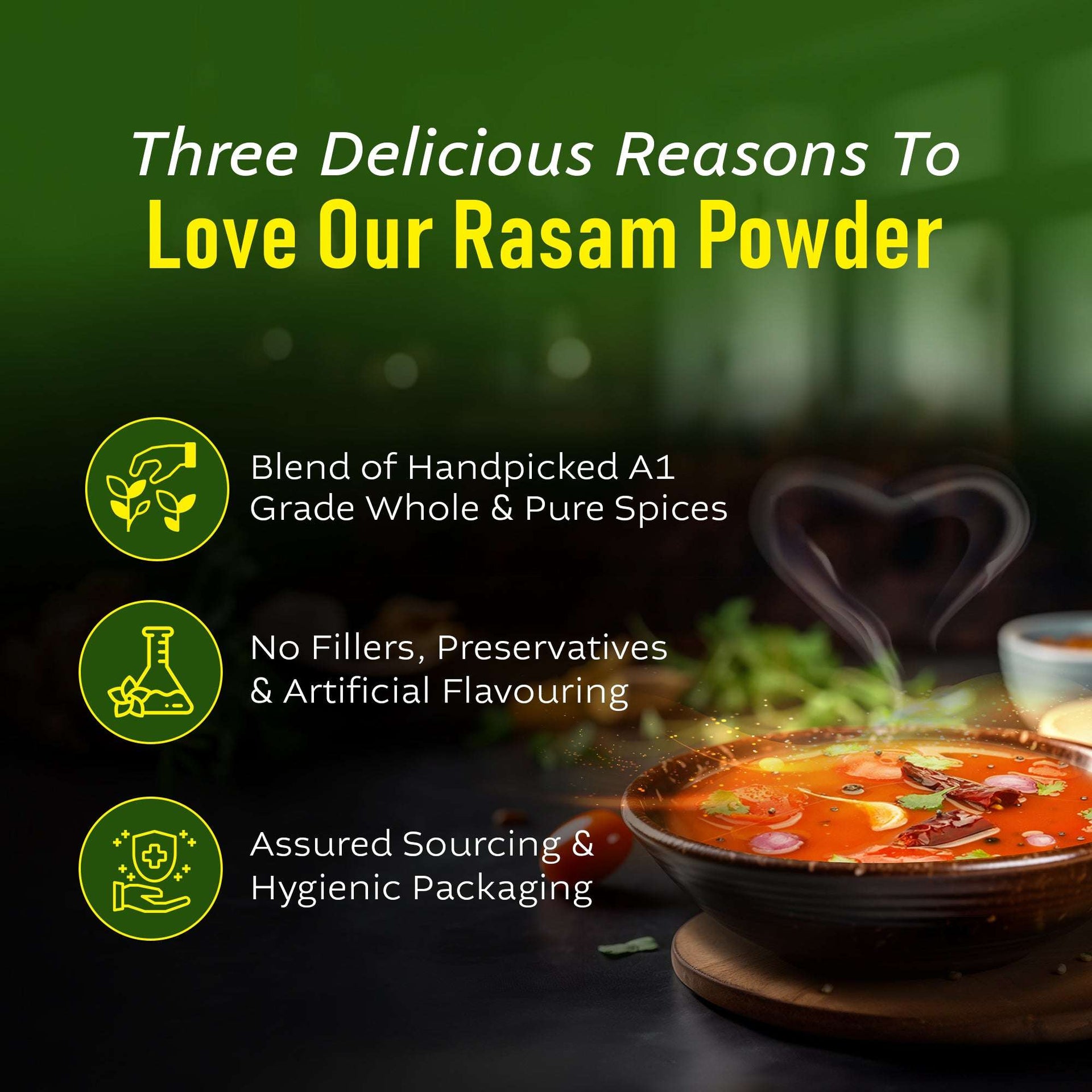 Three Mango Rasam powder benefits visual – highlights handpicked spices, no preservatives, and hygienic packaging