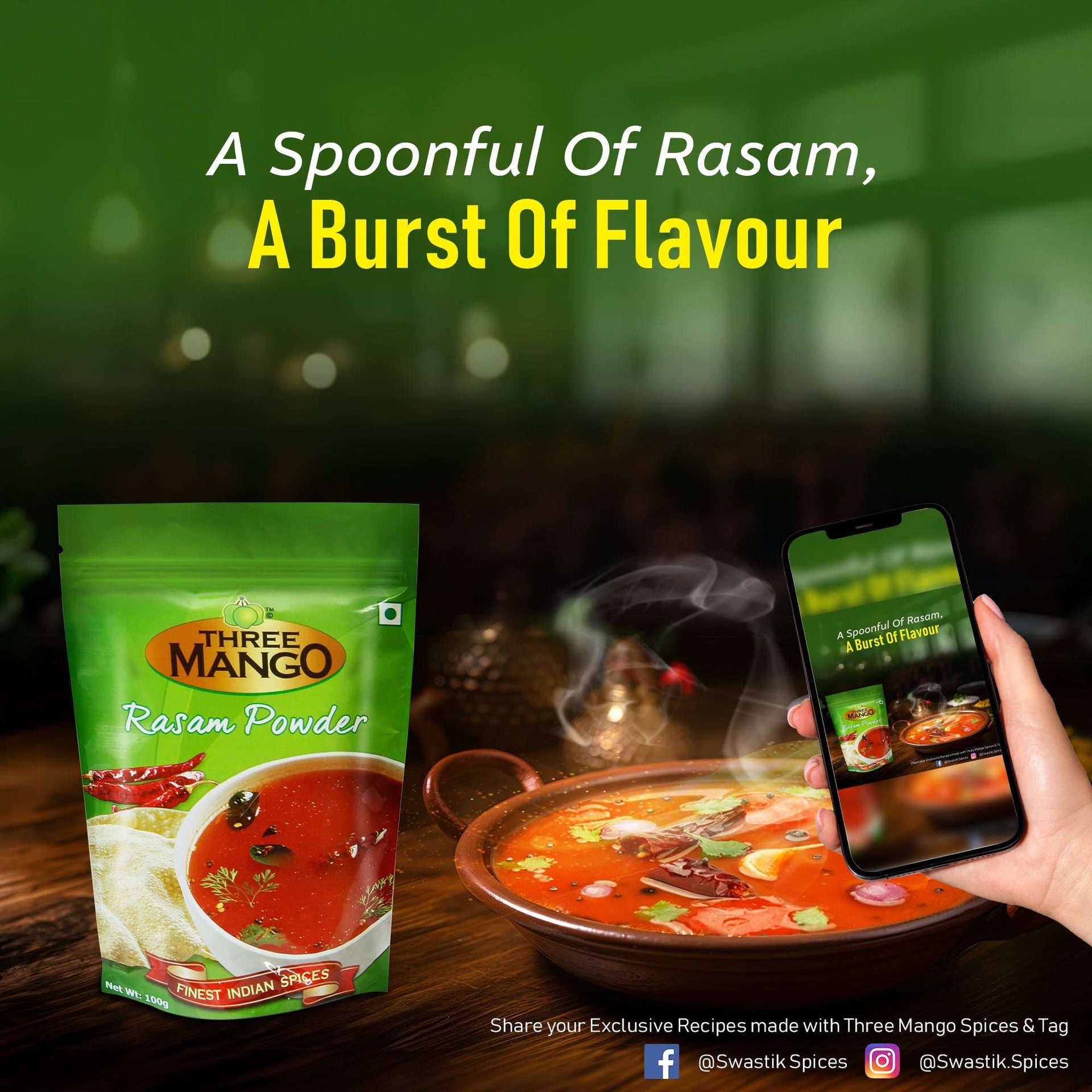 A steaming bowl of rasam with phone showcasing Three Mango Rasam Powder branding and packaging