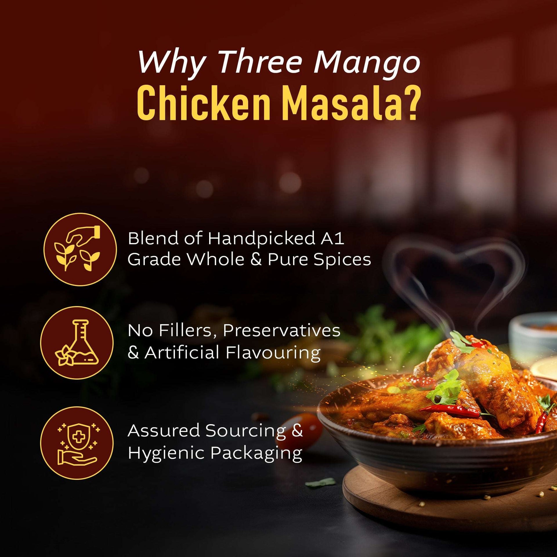  Infographic showing health benefits and purity promise of Three Mango Chicken Masala with steaming chicken curry